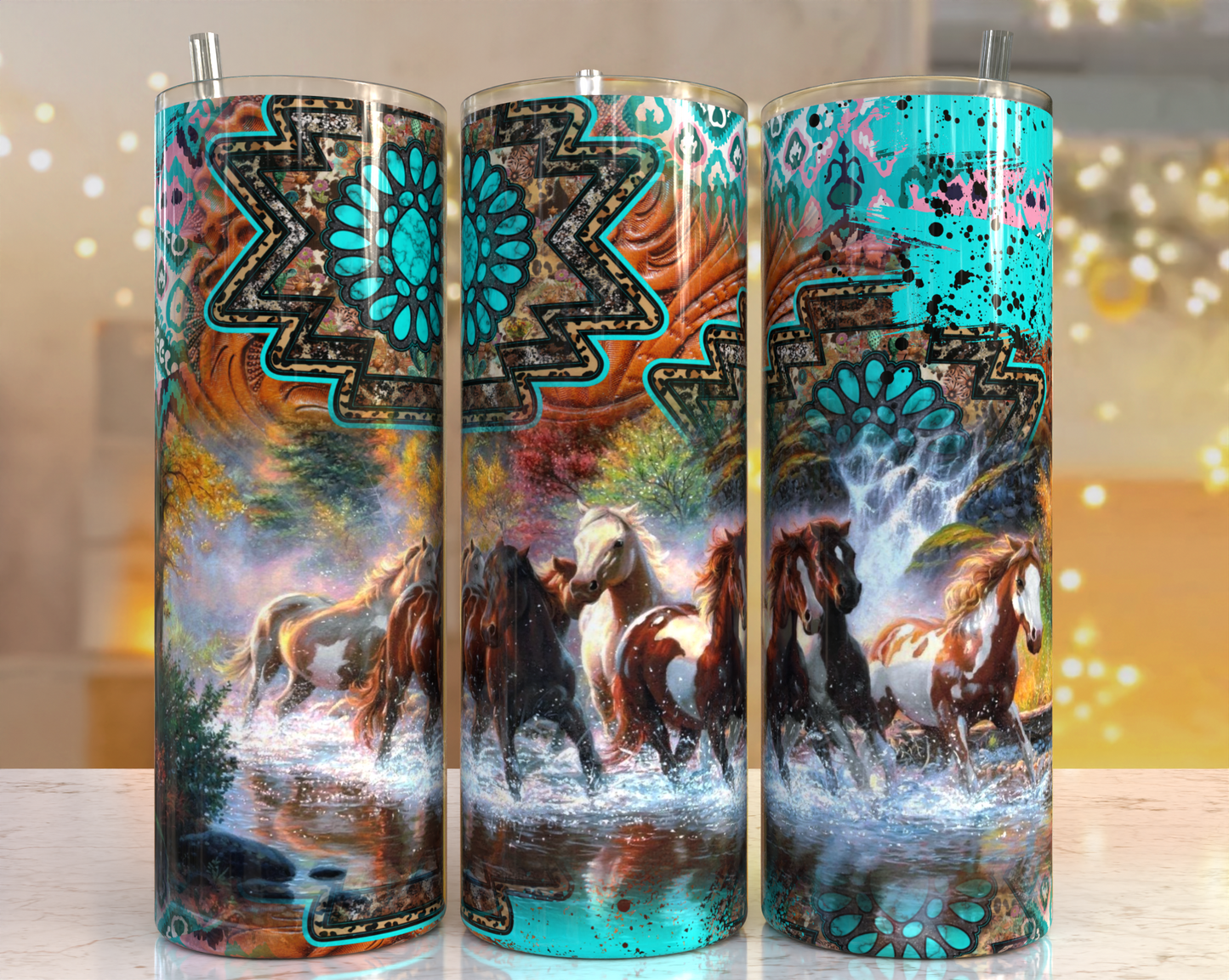 20 oz Tumbler Horses Turquoise