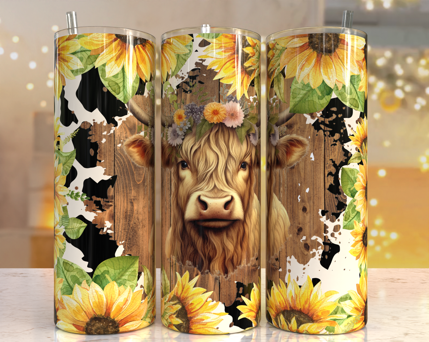 20 oz Tumbler Cow with Cow Print & Sunflowers