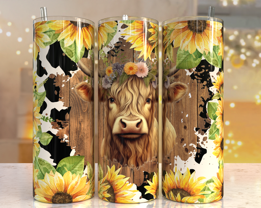 20 oz Tumbler Cow with Leopard Print and Sunflowers